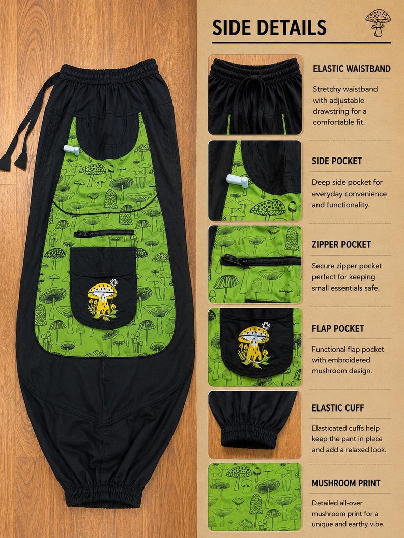 Puede incluir: Pantalones negros con un panel verde brillante con estampado de setas negras. Los pantalones incluyen una cintura el&aacute;stica con cord&oacute;n, un bolsillo lateral, un bolsillo con cremallera, un bolsillo con solapa y seta bordada, y pu&ntilde;os el&aacute;sticos.