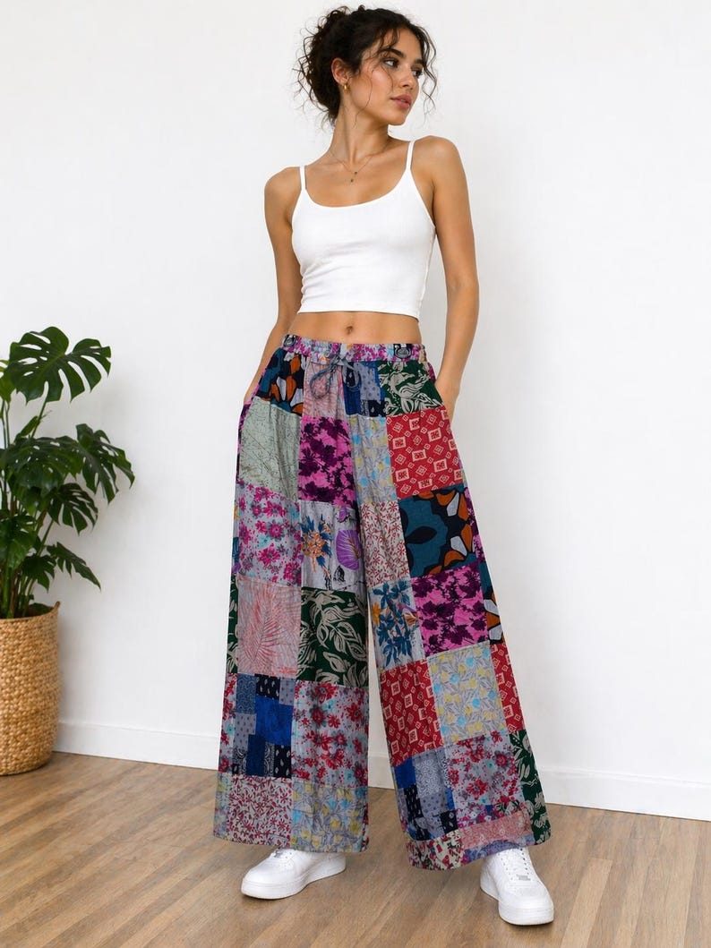 Może przedstawiać: Kobieta w białym topie na ramiączkach i spodniach palazzo w stylu patchwork. Spodnie mają r&oacute;żnorodne kolorowe wzory kwiatowe i geometryczne w odcieniach r&oacute;żu, niebieskiego, zielonego i czerwonego. Białe trampki dopełniają str&oacute;j.