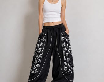 Handmade Cotton Harem Pants – Skull Print Patchwork Baggy Fit, Elastic Waist, Boho Festival Style
