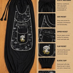 Puede incluir: Pantalones negros con estampado de setas blancas, cintura el&aacute;stica con cord&oacute;n y un panel de bolsillo grande. El panel incluye un bolsillo con cremallera y un bolsillo con solapa con un dise&ntilde;o de seta bordado. Los pu&ntilde;os son el&aacute;sticos.
