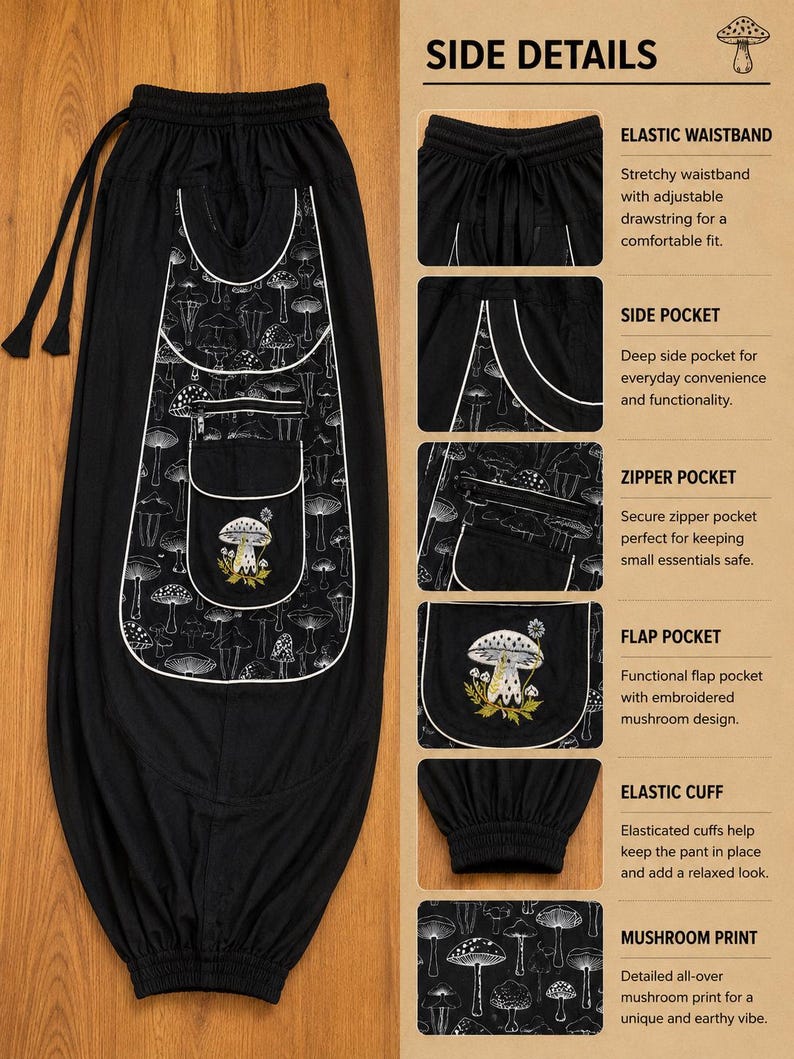 Puede incluir: Pantalones negros con estampado de setas blancas, cintura el&aacute;stica con cord&oacute;n y un panel de bolsillo grande. El panel incluye un bolsillo con cremallera y un bolsillo con solapa con un dise&ntilde;o de seta bordado. Los pu&ntilde;os son el&aacute;sticos.