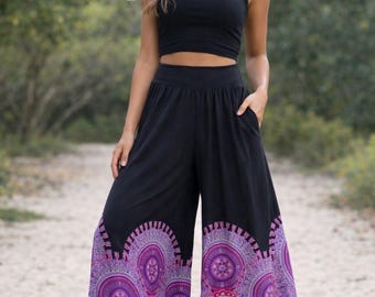 Spodnie palazzo w stylu boho z nadrukiem mandali, lekkie, bawełniane, z szerokimi nogawkami, idealne na festiwal plażowy