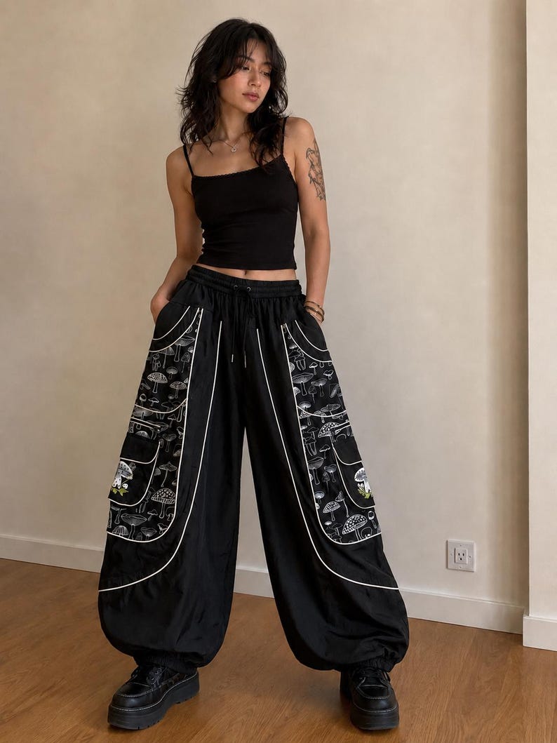 Puede incluir: Una camiseta de tirantes negra combinada con pantalones cargo negros de corte holgado. Los pantalones cuentan con grandes bolsillos laterales con estampado de setas blancas, ribetes blancos, cintura el&aacute;stica con cord&oacute;n y bajos ajustados.