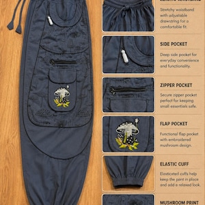 Puede incluir: Pantalones azul oscuro con estampado de setas, cintura el&aacute;stica con cord&oacute;n y varios bolsillos, incluyendo un bolsillo con cremallera y un bolsillo con solapa y dise&ntilde;o de seta bordado. Los pantalones tienen pu&ntilde;os el&aacute;sticos en los tobillos.