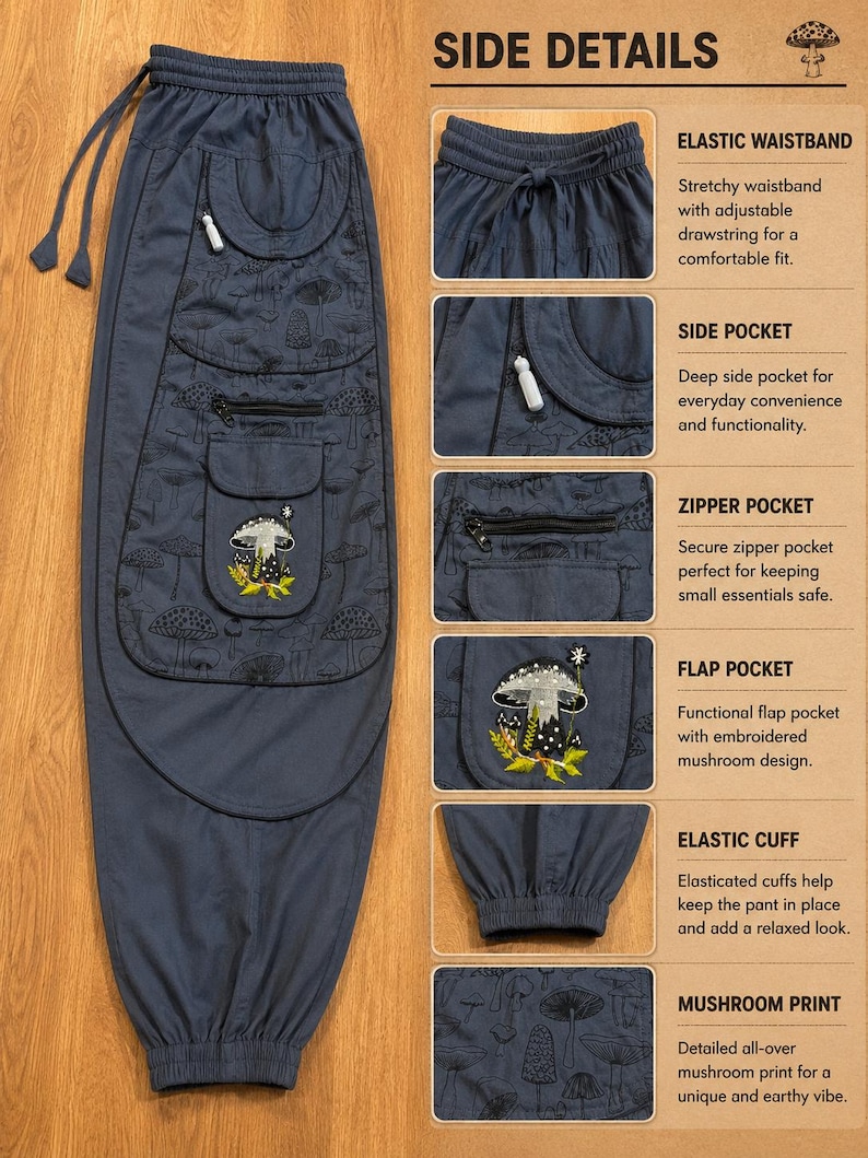 Puede incluir: Pantalones azul oscuro con estampado de setas, cintura el&aacute;stica con cord&oacute;n y varios bolsillos, incluyendo un bolsillo con cremallera y un bolsillo con solapa y dise&ntilde;o de seta bordado. Los pantalones tienen pu&ntilde;os el&aacute;sticos en los tobillos.