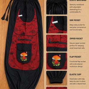 Puede incluir: Pantalones negros con un panel rojo estampado de setas, cintura el&aacute;stica con cord&oacute;n, bolsillos laterales, bolsillo con cremallera, bolsillo con solapa y bordado de seta, y pu&ntilde;os el&aacute;sticos, detallados con etiquetas de caracter&iacute;sticas.