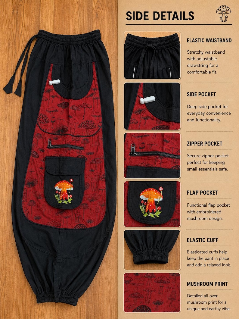Puede incluir: Pantalones negros con un panel rojo estampado de setas, cintura el&aacute;stica con cord&oacute;n, bolsillos laterales, bolsillo con cremallera, bolsillo con solapa y bordado de seta, y pu&ntilde;os el&aacute;sticos, detallados con etiquetas de caracter&iacute;sticas.