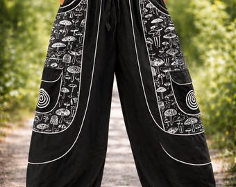 Spodnie haremowe z nadrukiem grzybów, bawełniane spodnie cargo w stylu boho, unisexowe, hipisowskie stroje festiwalowe