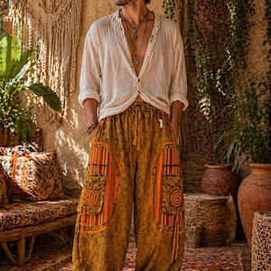 May include: A long-sleeved, off-white button-down shirt paired with loose-fitting, mustard-yellow trousers. The trousers feature a mottled texture, an elasticized drawstring waist, and two large side cargo pockets with vertical orange and red stripes.