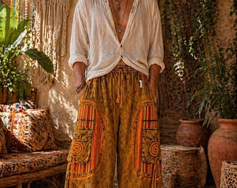 Sarouel en coton fait main | Pantalon bohème hippie bouffant | Pantalons de yoga du festival | Pantalon manouche large avec poches