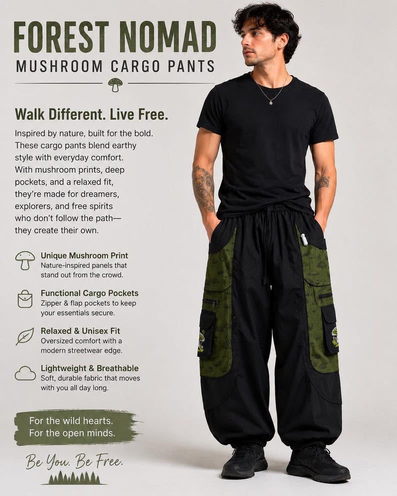 Puede incluir: Pantalones cargo negros con paneles laterales de color verde oliva con estampado de setas, m&uacute;ltiples bolsillos funcionales con cremalleras y solapas, cintura con cord&oacute;n y corte holgado. El texto Forest Nomad es visible.