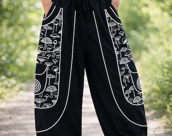 Pantalones harem con estampado de setas, pantalones cargo de algodón estilo boho, ropa unisex para festivales de estilo hippie.