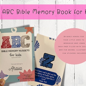 May include: Two children's books titled "The ABC Bible Memory Book for Kids." The first book has "ABC" in red, blue, and grey. The second book has a blue "Z" on the cover. The books include Bible verses, illustrations, and stickers.