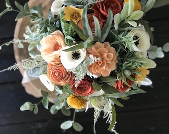 Jessie ~ Copper wedding flowers, sola wood flowers, rust wooden flowers, blush and sienna , boho bridal bouquet, anemone wedding bouquet