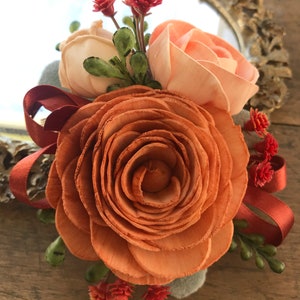 Ginger~ Sola wood flower wrist corsage, copper wedding flowers, Mother of the bride, bridesmaid corsage, peach, rust wooden flowers