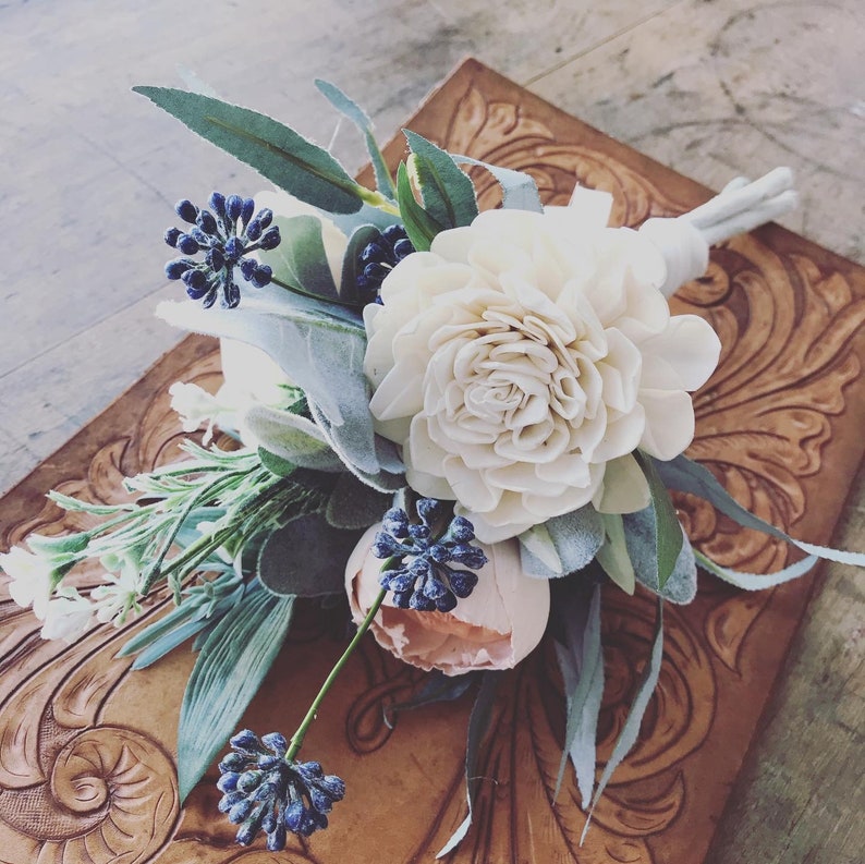 Belle Wooden flower bouquet, slate blue and peach, boho wedding bouquet, ivory and dusty blue, Sola wood flowers, peony and rose image 5