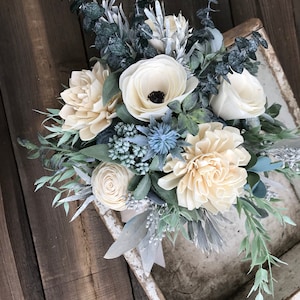 Annie Wooden flower bouquet, anemone and dahlia bouquet, slate, eucalytpus, boho wedding bouquet, ivory and dusty blue, Sola wood flowers image 5