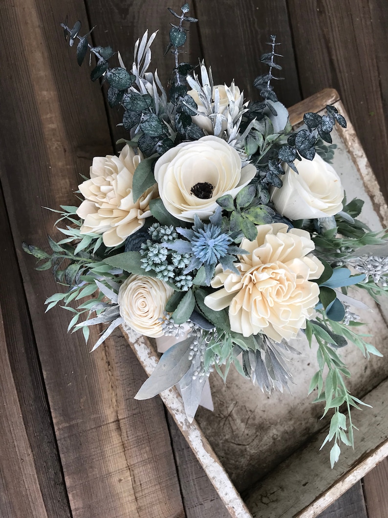 Annie Wooden flower bouquet, anemone and dahlia bouquet, slate, eucalytpus, boho wedding bouquet, ivory and dusty blue, Sola wood flowers image 5