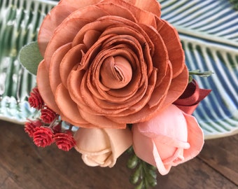 Ginger~ Sola wood flower pin on corsage, copper wedding flowers, Mother of the bride, bridesmaid corsage, peach, rust wooden flowers