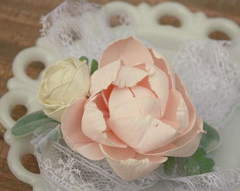 Blush pink corsage, ivory wrist corsage, sola wood flower, mothers corsage, vintage lace tie on wrist corsage, prom flower, wedding flowers