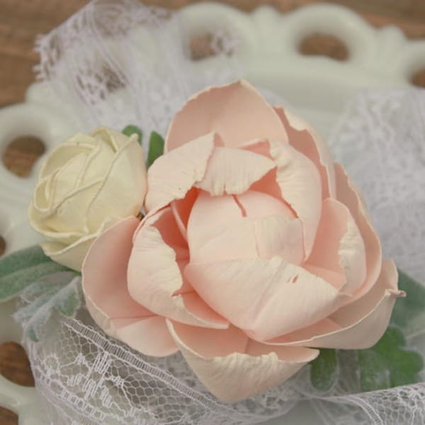 Blush pink corsage, ivory wrist corsage, sola wood flower, mothers corsage, vintage lace tie on wrist corsage, prom flower, wedding flowers