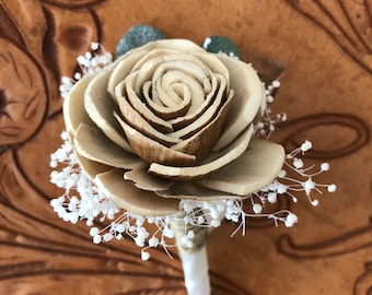 Wooden boutonniere, grooms flower, pin on sola wood flower, READY TO SHIP, rose gold wedding flowers, groomsmen, wooden lapel flower