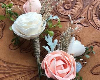 Sola wood flower boutonniere, peach boutonniere, pin on eco flower, grooms lapel flower, wood wedding flowers, ivory boutineer