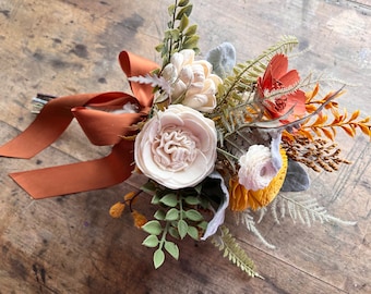 Fall sola wood flower bouquet, burnt orange and mustard, READY TO SHIP,  wooden flowers, wedding bouquet, elopement bouquet ~ Laurel