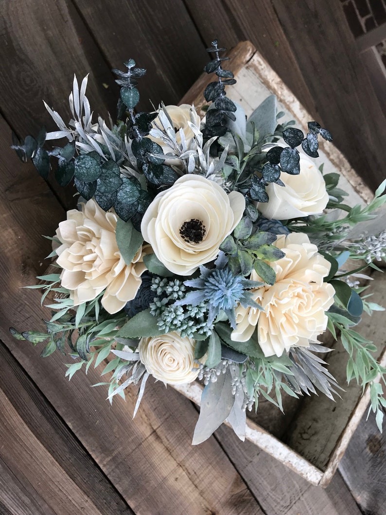 Annie Wooden flower bouquet, anemone and dahlia bouquet, slate, eucalytpus, boho wedding bouquet, ivory and dusty blue, Sola wood flowers image 7
