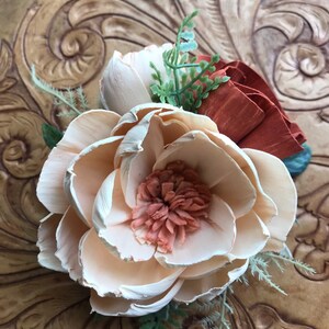 Jessie Sola wood flower wrist corsage, copper wedding flowers, Mother of the bride, bridesmaid corsage, peach, rust wooden flowers image 6