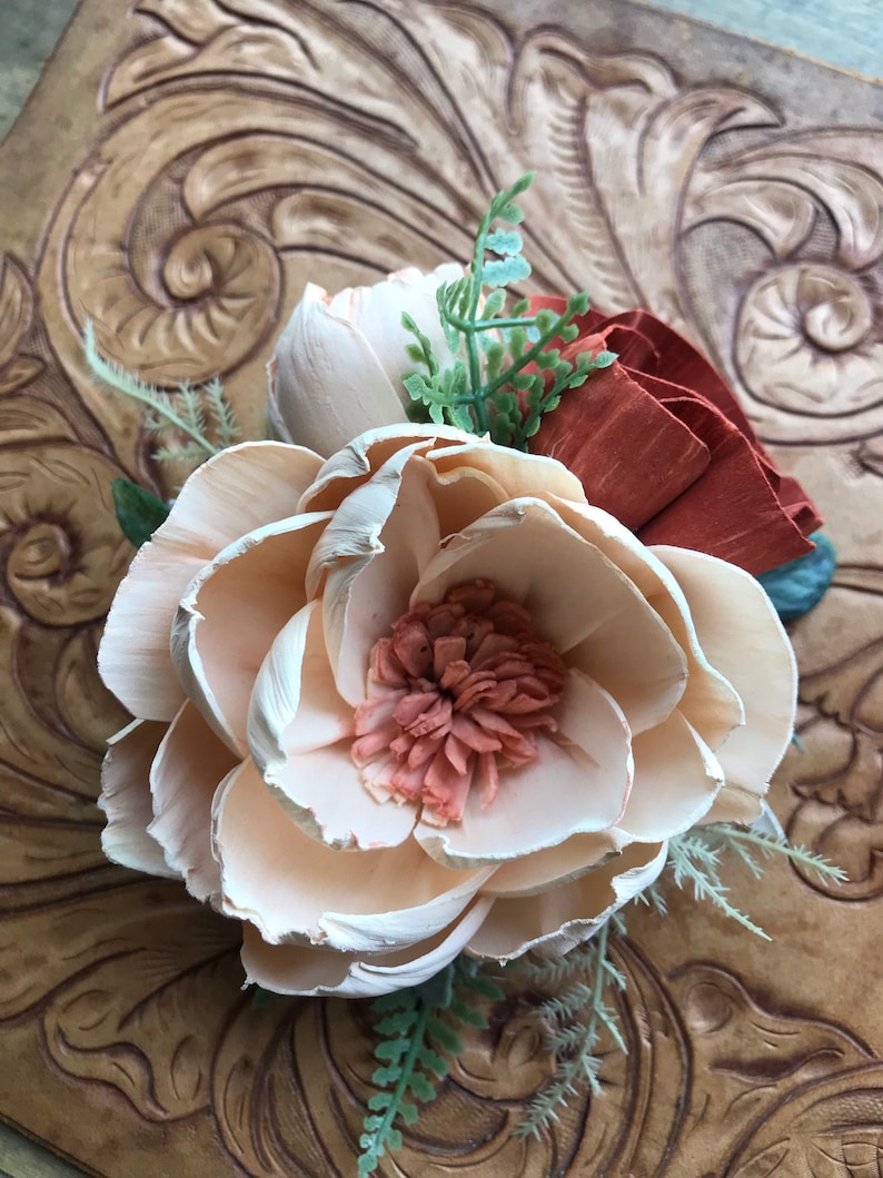 Jessie Sola wood flower wrist corsage, copper wedding flowers, Mother of the bride, bridesmaid corsage, peach, rust wooden flowers image 6