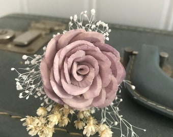 Dusty lavender boutonniere, grooms flower, READY TO SHIP pin on sola wood flower, wedding flowers, lilac gray lapel flower, boutineer