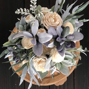 Lila ~ Ivory bridal bouquet, wooden flowers, sola wood flower bouquet, lilac wedding, lavender greens, dusty miller, lambs ear