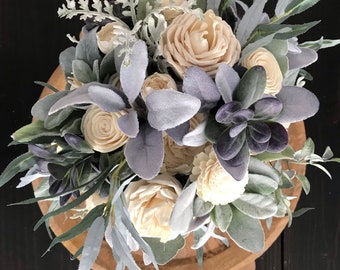 Lila ~ Ivory bridal bouquet, wooden flowers, sola wood flower bouquet, lilac wedding, lavender greens, dusty miller, lambs ear