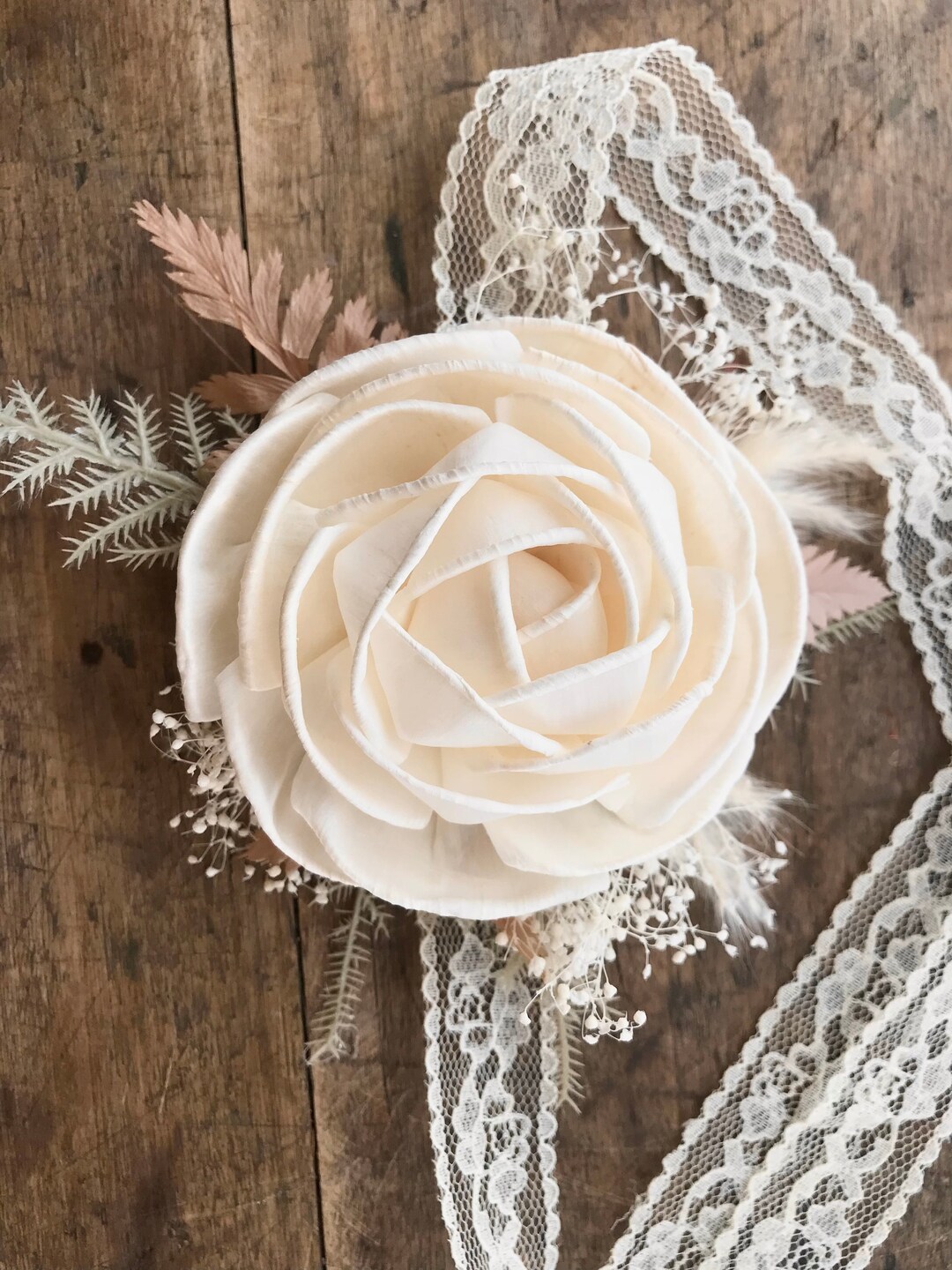 Wrist Corsage, the Calliope Collection, Sola Wood Flower Corsage, Boho