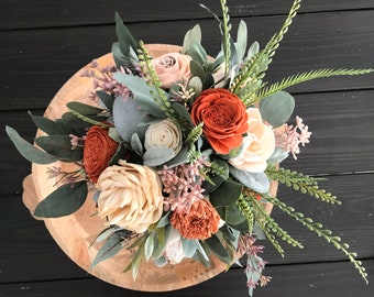 Sienna~ Copper wedding flowers, sola wood flowers, rust wooden flowers, blush and rust, boho bridal bouquet, eucalyptus wedding bouquet