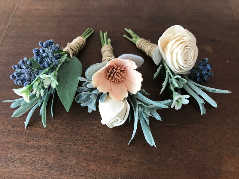 Belle Sola wood flower boutonniere, Dusty blue boutonniere, pin on eco flower, grooms lapel flower, wood wedding flowers slate blue, peach image 7