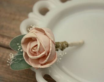 Blush pink boutonniere, grooms flower, pin on sola wood flower, blush wedding flowers, groomsmen, ecoflower, wooden lapel flower