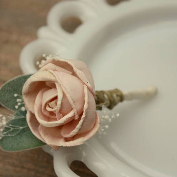 Blush pink boutonniere, grooms flower, pin on sola wood flower, blush wedding flowers, groomsmen, ecoflower, wooden lapel flower