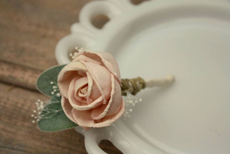 Blush pink boutonniere, grooms flower, pin on sola wood flower, blush wedding flowers, groomsmen, ecoflower, wooden lapel flower 