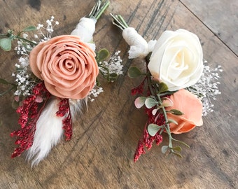 Fall boutonniere, the Aurelia collection, sola wood flower boutonniere, rust and peach, grooms flower, wedding flowers, pin on