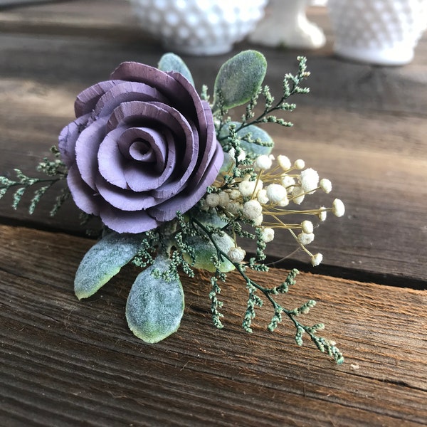 Sola wood flower boutonniere, lilac boutineer, READY TO SHIP pin on mens flower, lavender grooms lapel flower, wood wedding flowers