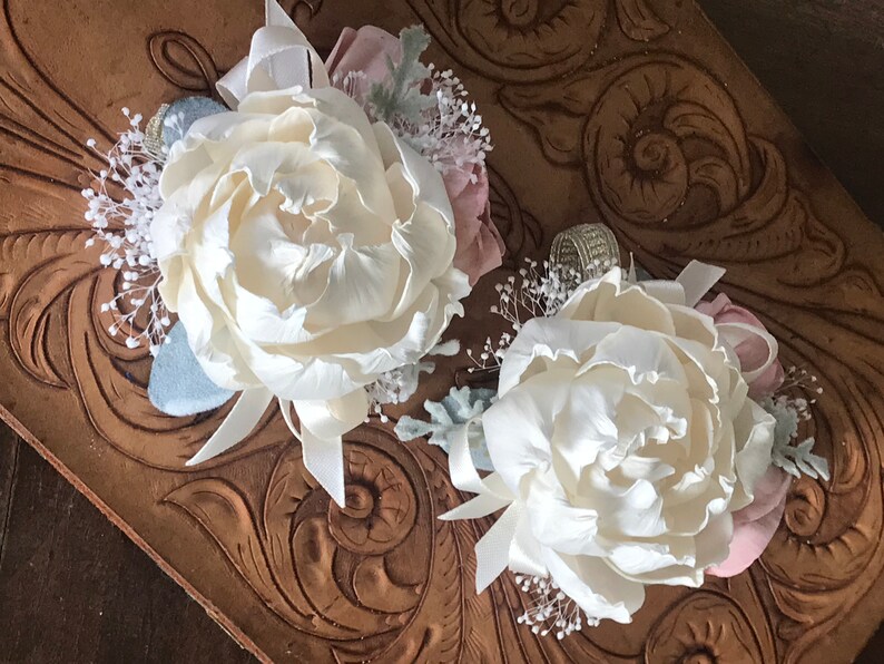 Blush pink corsage, ivory wrist corsage, sola wood flower, mothers corsage, wooden flower, prom flower, keepsake wedding flowers, pink peony image 7