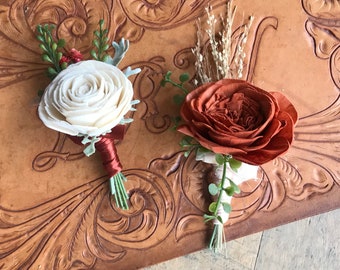 Sola wood flower boutonniere, rust boutonniere, READY TO SHIP pin on grooms lapel flower, wood wedding flowers, copper boutineer