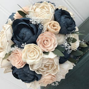 Sola flower bouquet, blush sola wooden flower wedding bouquet, blush pink and navy, peony wedding bouquet, keepsake, blush pink ecoflowers image 2