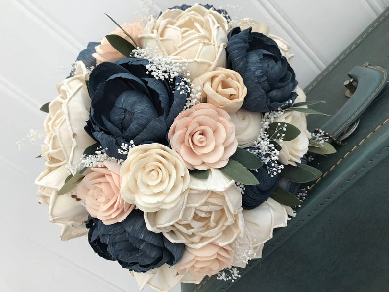 Sola flower bouquet, blush sola wooden flower wedding bouquet, blush pink and navy, peony wedding bouquet, keepsake, blush pink ecoflowers image 2