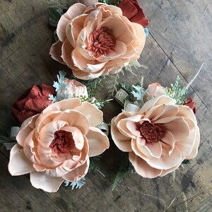 Jessie Sola wood flower wrist corsage, copper wedding flowers, Mother of the bride, bridesmaid corsage, peach, rust wooden flowers image 4