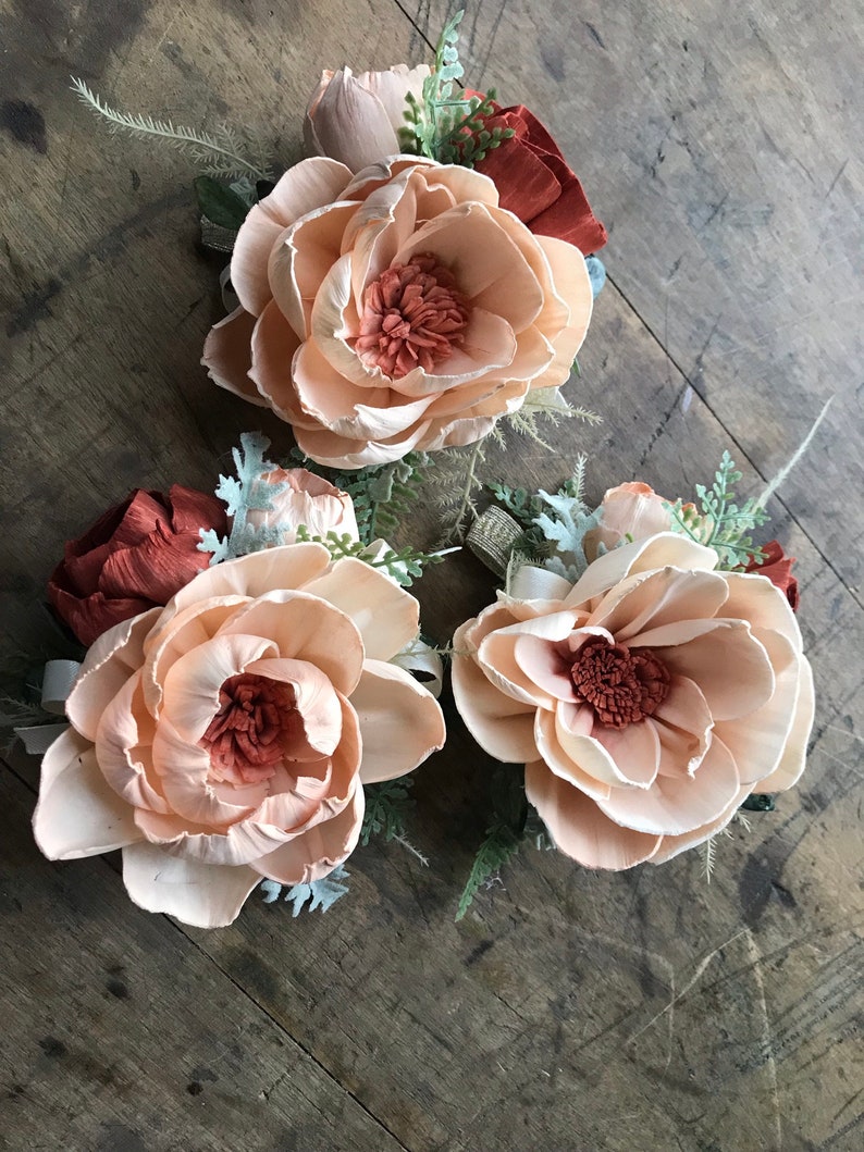 Jessie Sola wood flower wrist corsage, copper wedding flowers, Mother of the bride, bridesmaid corsage, peach, rust wooden flowers image 4