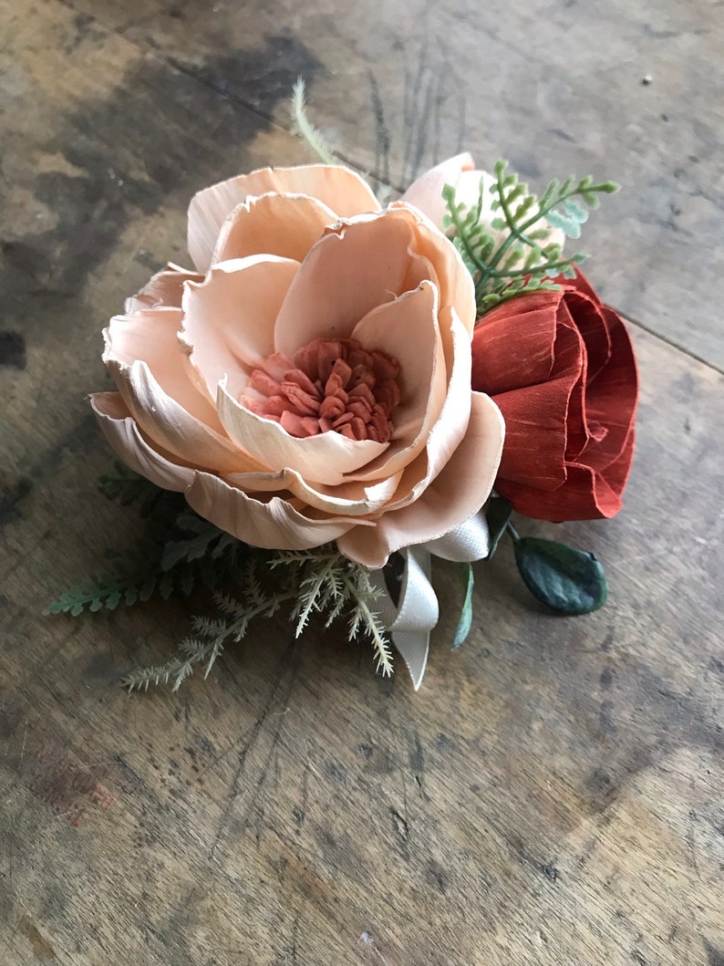 Jessie Sola wood flower wrist corsage, copper wedding flowers, Mother of the bride, bridesmaid corsage, peach, rust wooden flowers image 5