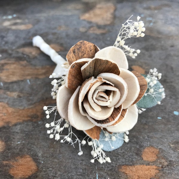 Wooden boutonniere, grooms flower, pin on sola wood flower, rose gold wedding flowers, groomsmen, ecoflower, wooden lapel flower, free ship